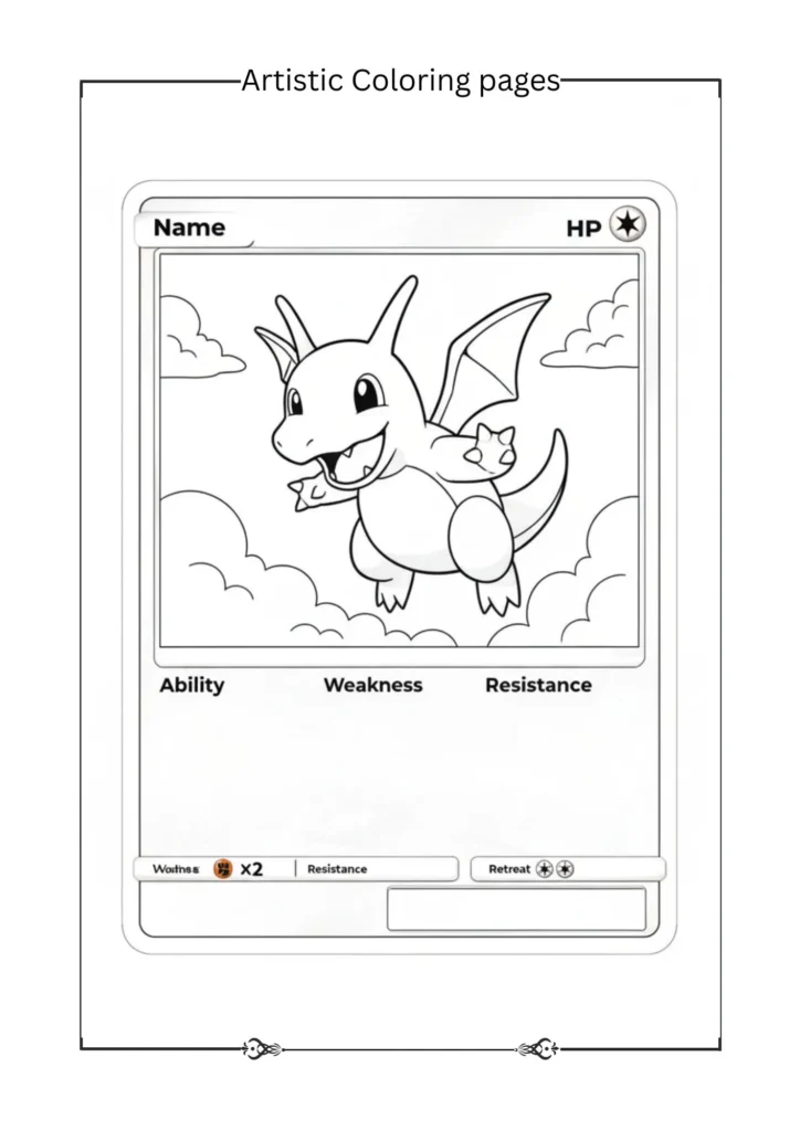 Dragonite coloring page with clouds